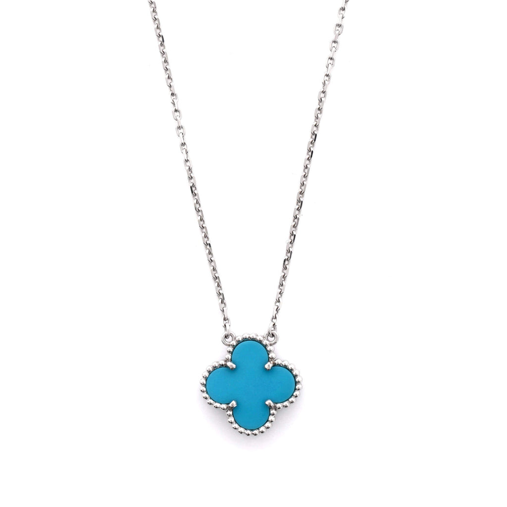 Vintage Alhambra Pendant Necklace 18K White Gold and Turquoise