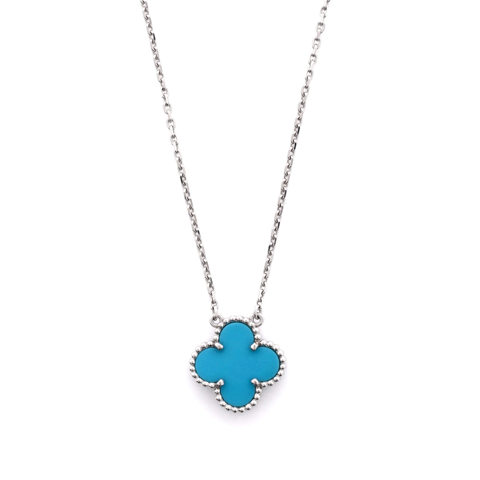 Vintage Alhambra Pendant Necklace 18K White Gold and Turquoise