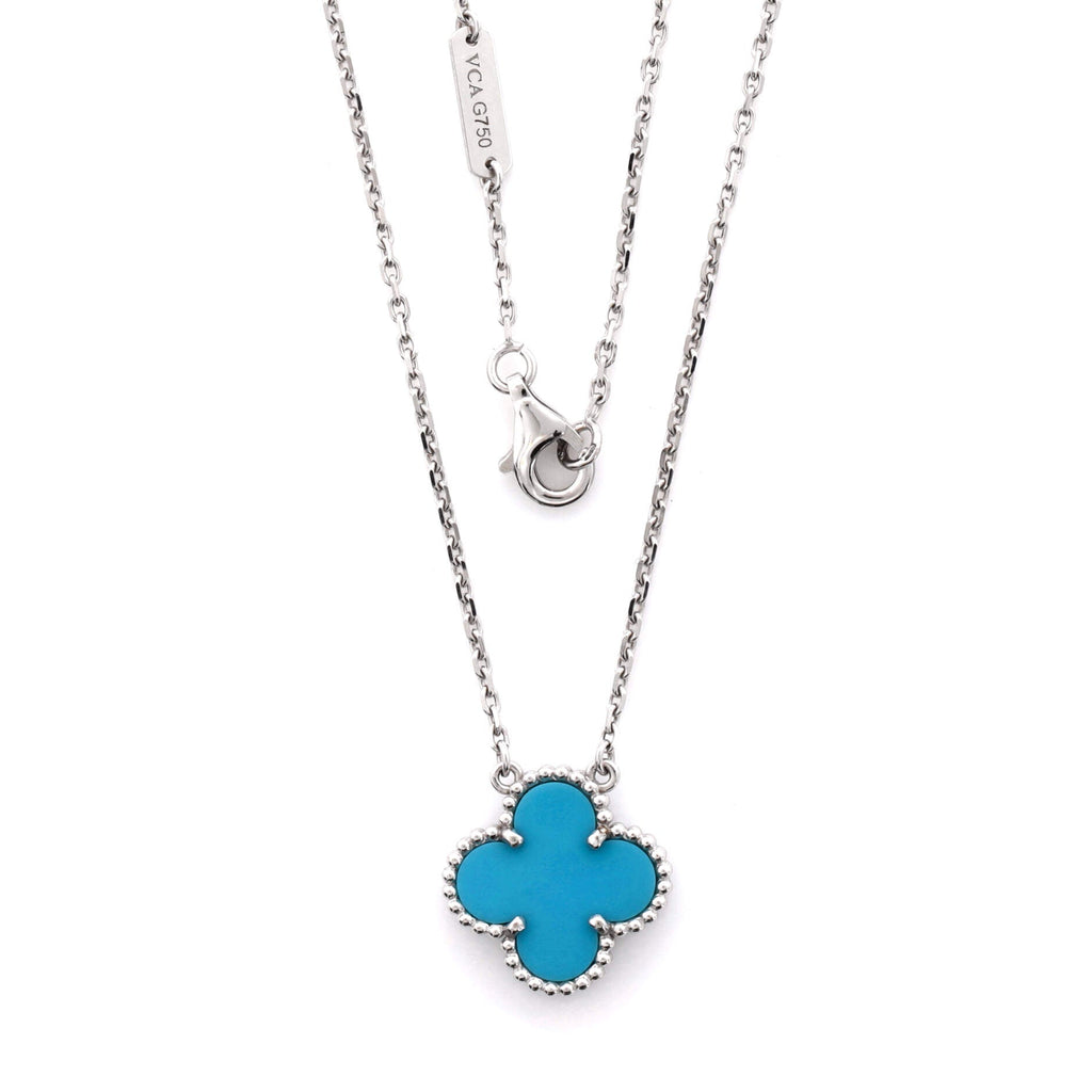 Vintage Alhambra Pendant Necklace 18K White Gold and Turquoise