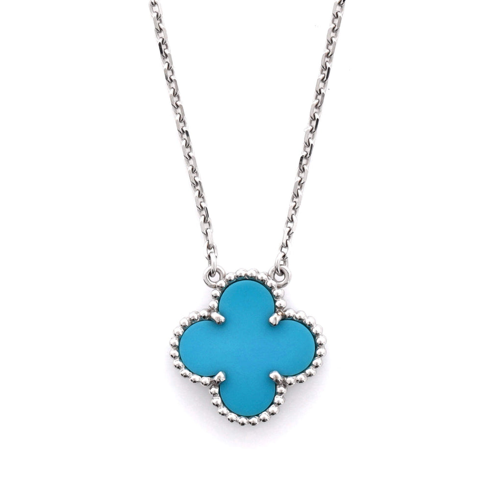 Vintage Alhambra Pendant Necklace 18K White Gold and Turquoise