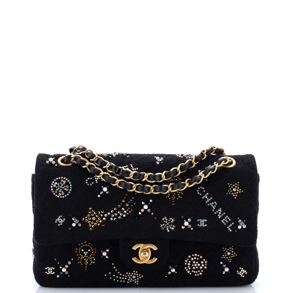 Classic Double Flap Bag Quilted Tweed with Faux Pearls and Crystals Medium