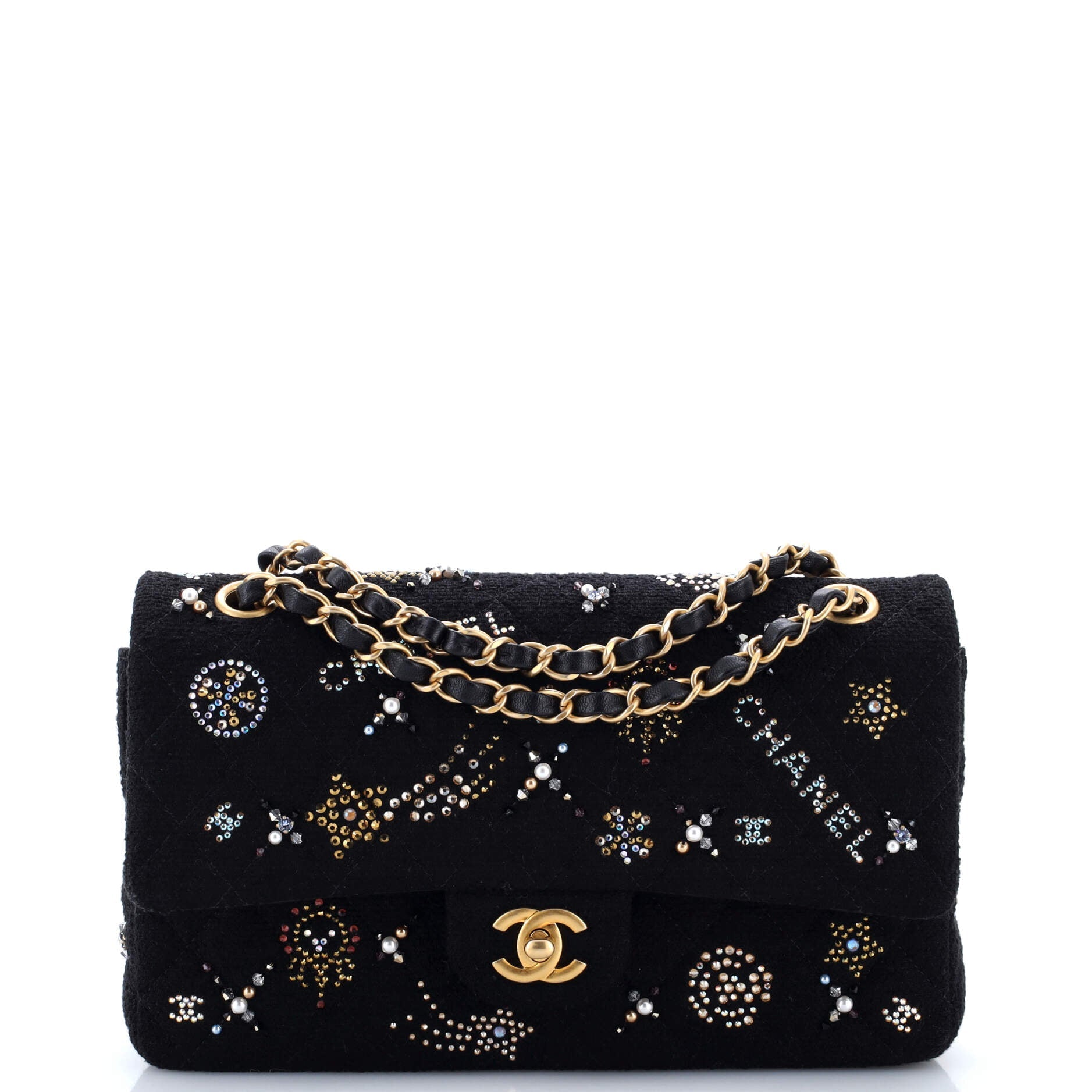 Classic Double Flap Bag Quilted Tweed with Faux Pearls and Crystals Medium