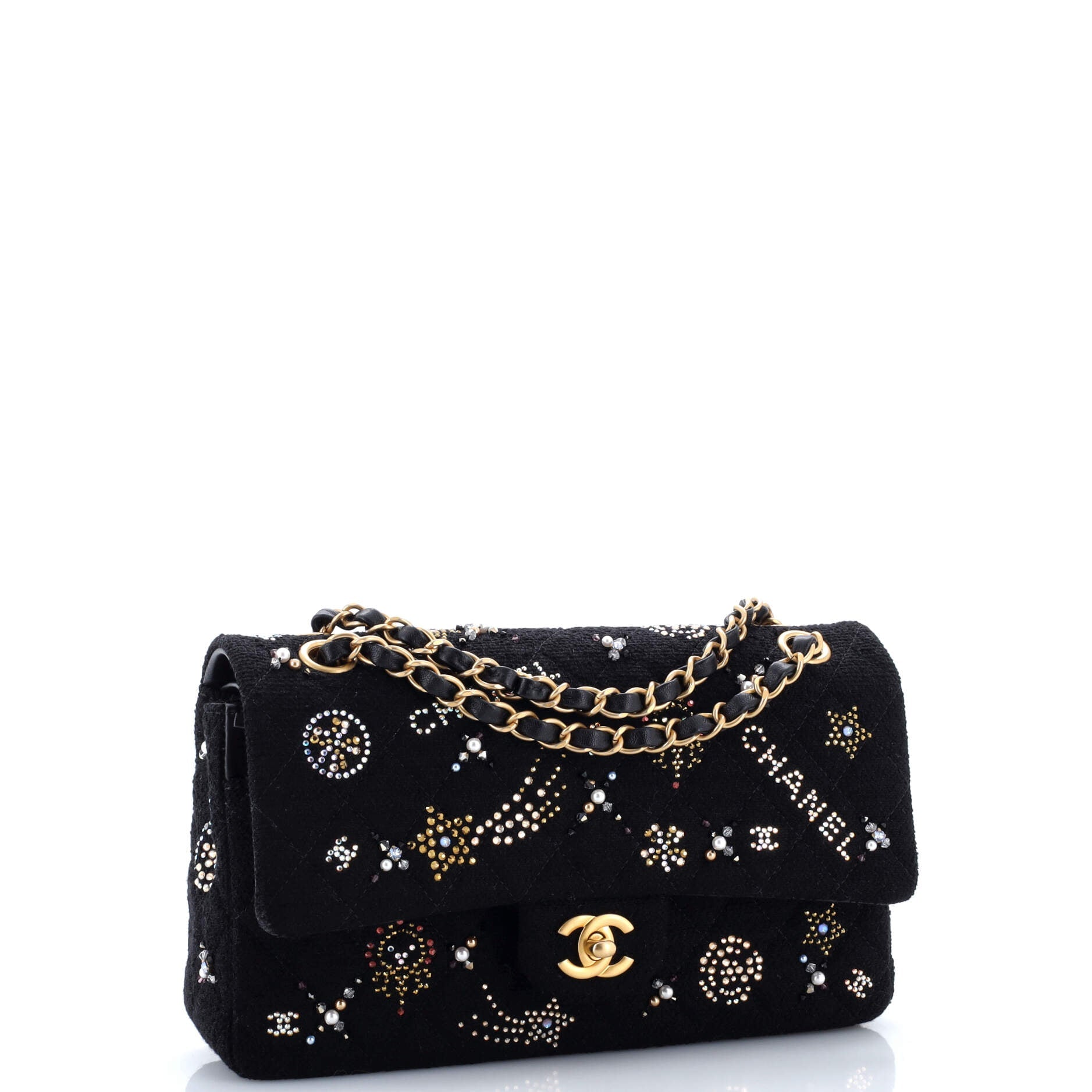 Classic Double Flap Bag Quilted Tweed with Faux Pearls and Crystals Medium