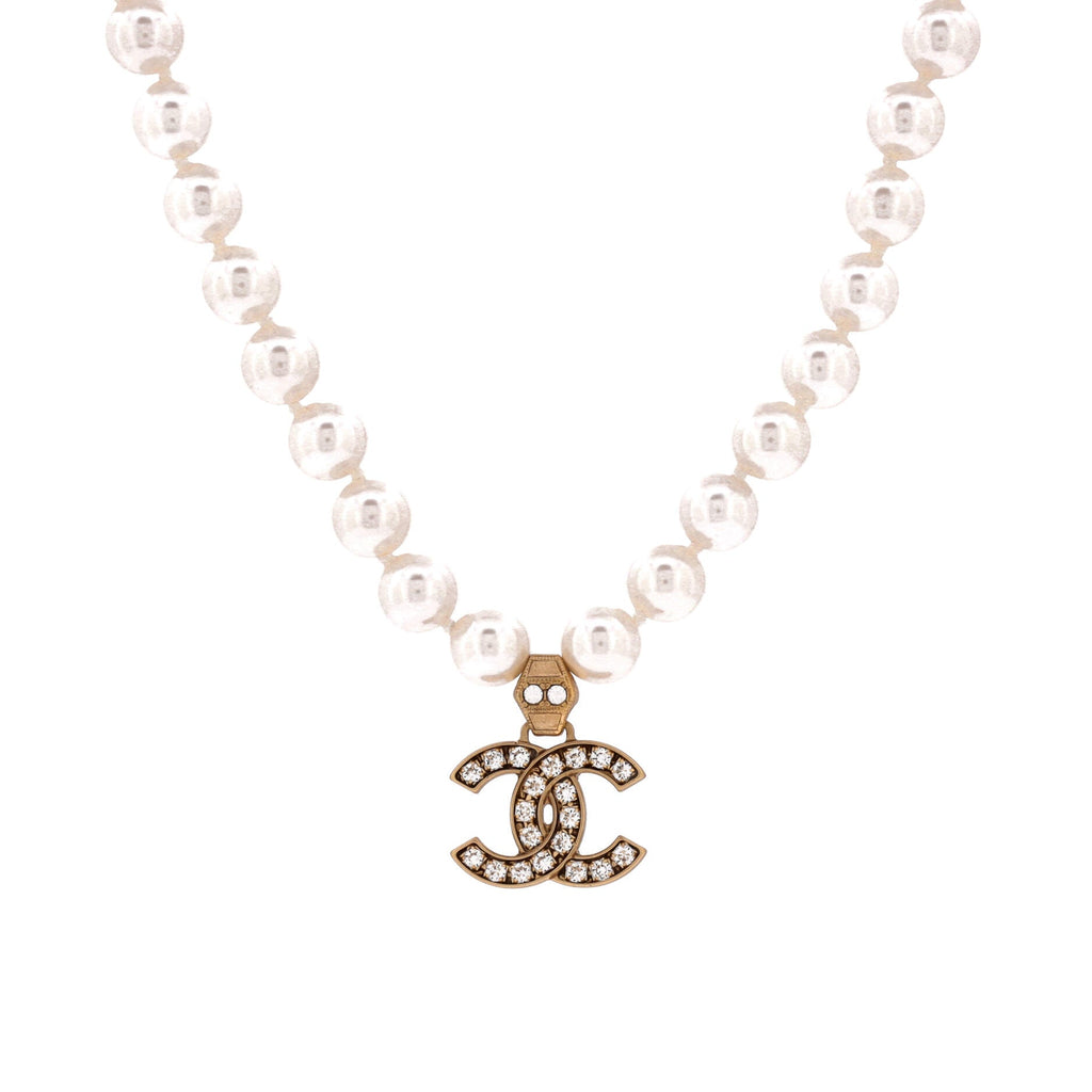 CC Pendant Short Necklace Faux Pearls and Metal with Crystals