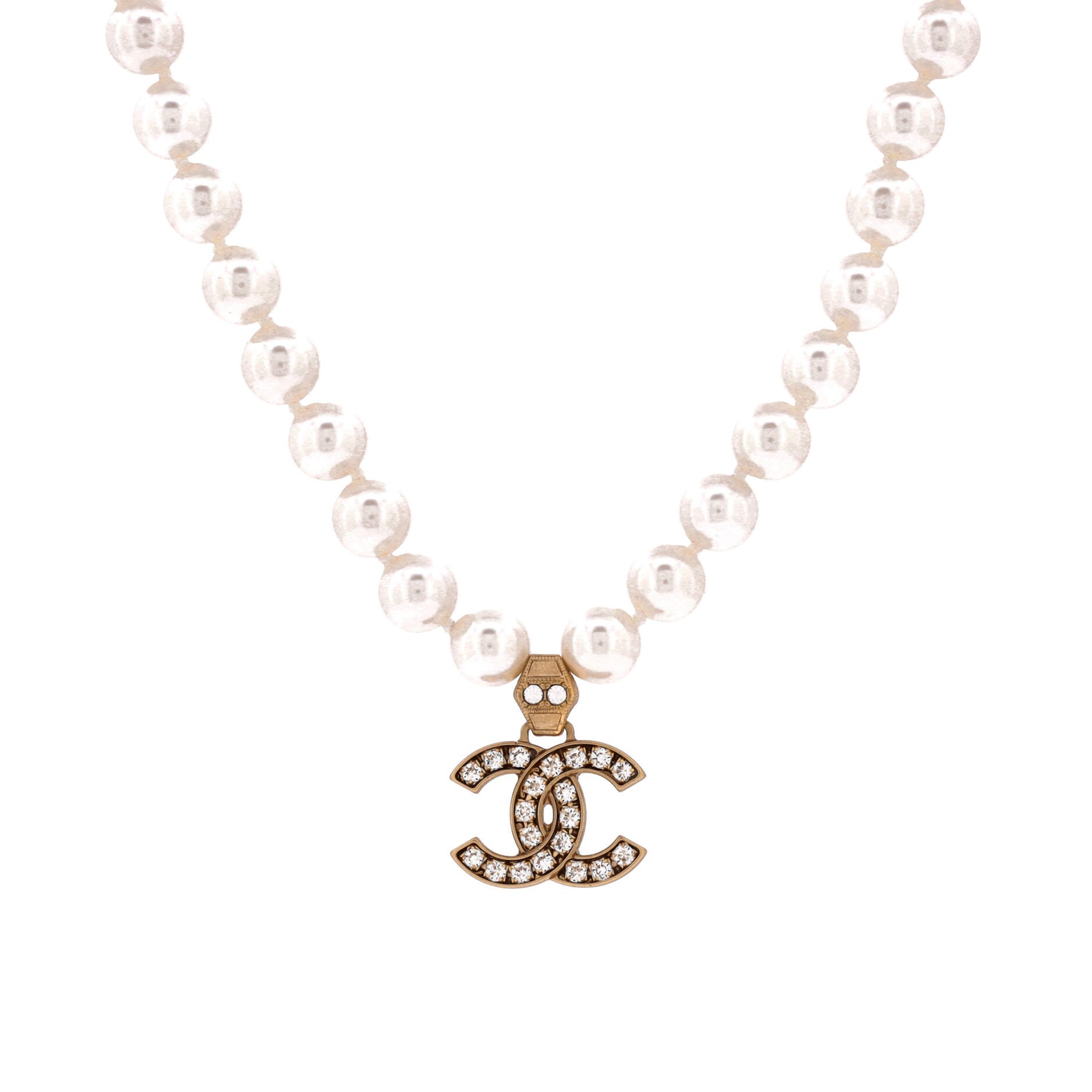 CC Pendant Short Necklace Faux Pearls and Metal with Crystals