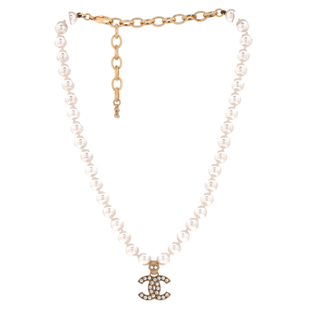 CC Pendant Short Necklace Faux Pearls and Metal with Crystals
