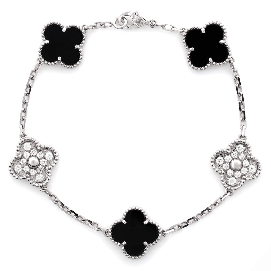 Vintage Alhambra 5 Motifs Bracelet 18K White Gold and Onyx with Diamonds
