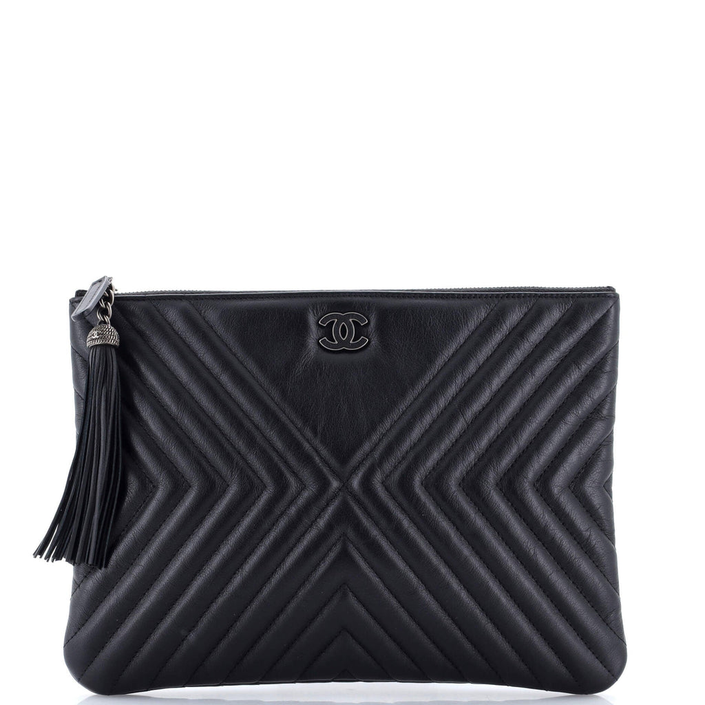 CC Tassel O Case Clutch Diagonal Chevron Calfskin Medium