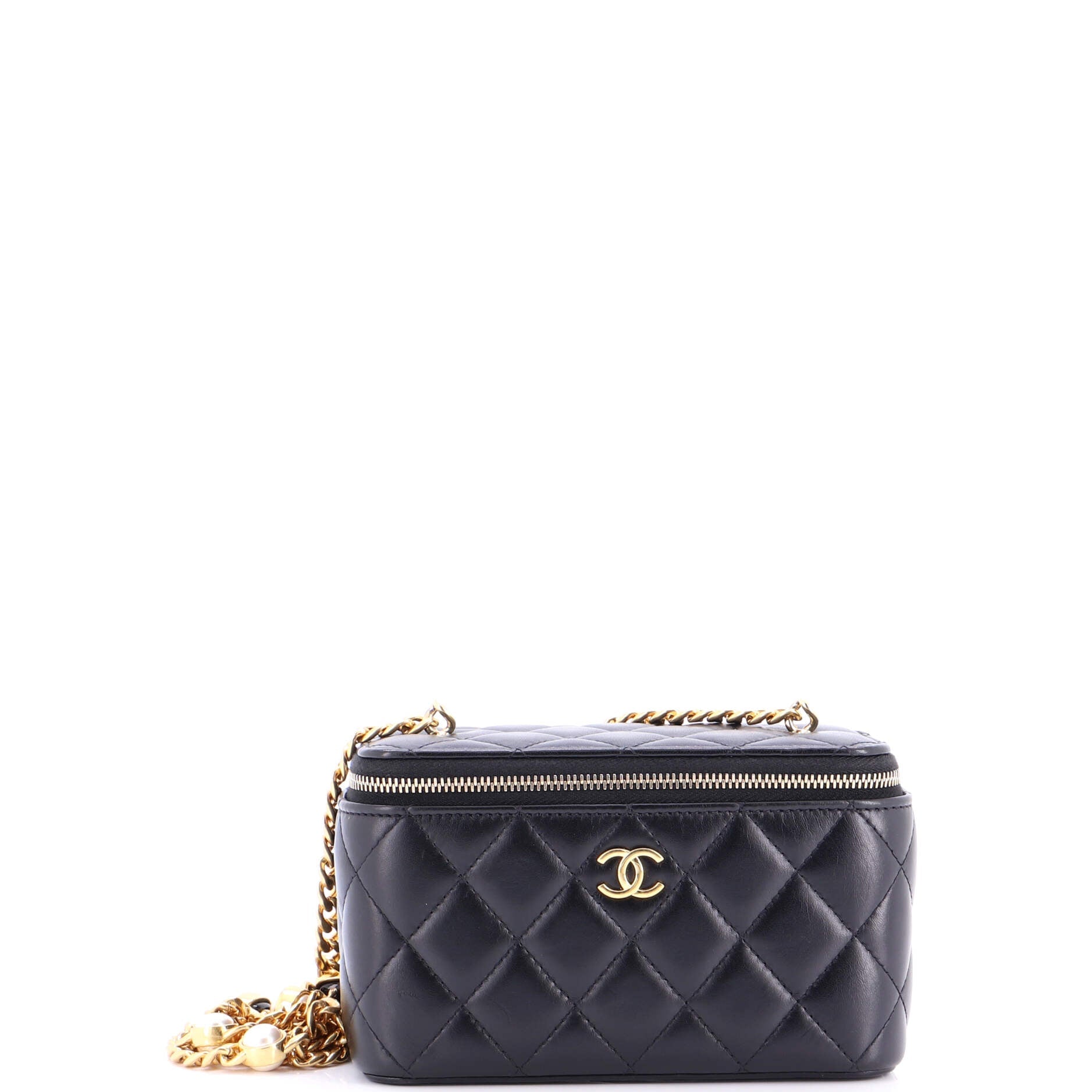 Classic Vanity Case with Resin Pearl Chain Quilted Lambskin Small