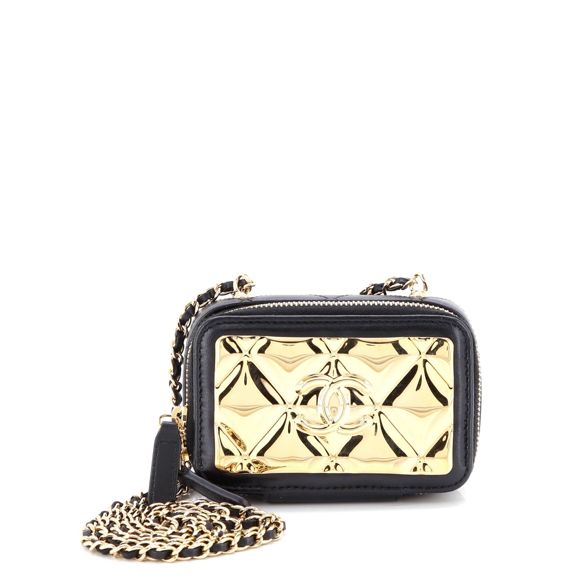 Golden Plate Zip Around Vanity Case with Chain Quilted Metal and Lambskin Extra Mini
