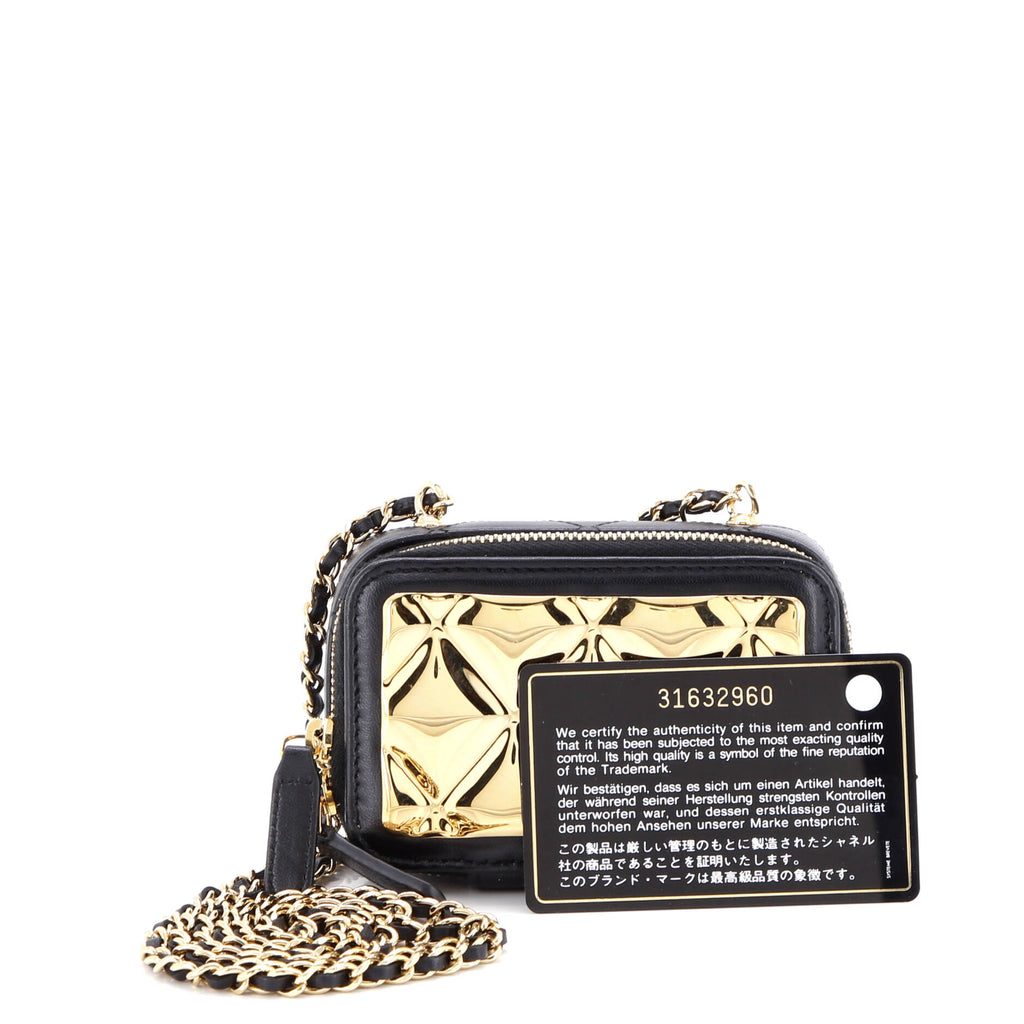 Golden Plate Zip Around Vanity Case with Chain Quilted Metal and Lambskin Extra Mini