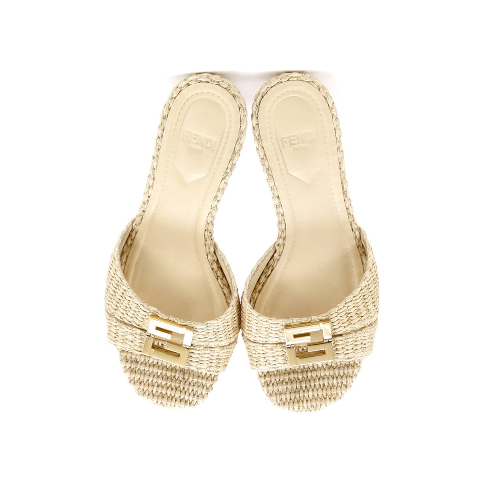Women's FF Fold Heeled Mules Raffia