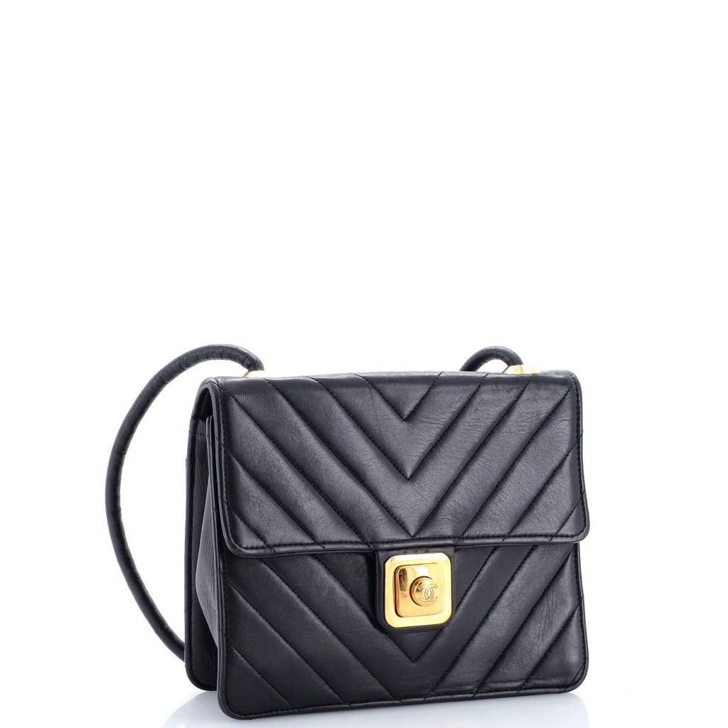 Vintage Push Lock Flap Bag Chevron Lambskin Small