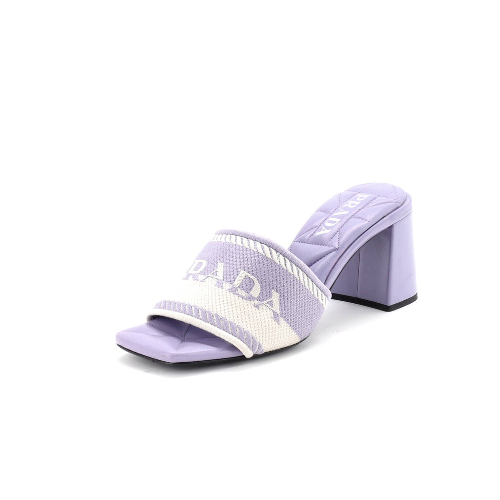 Women's Logo Block Heeled Mule Sandals Leather and Fabric