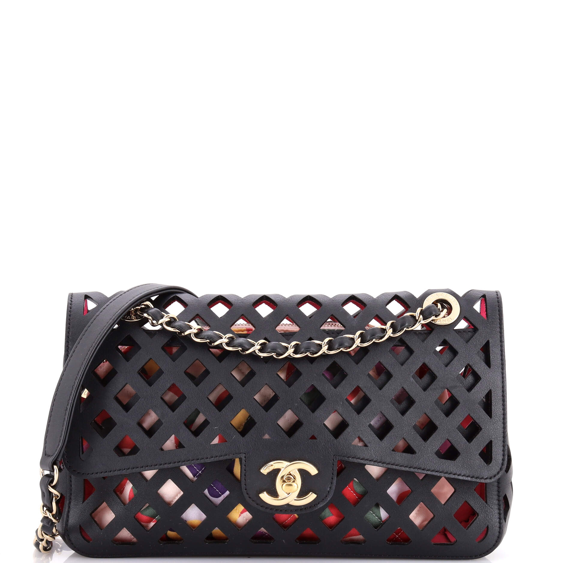 Sea Through Flap Bag Perforated Calfskin with Quilted Printed Fabric Medium