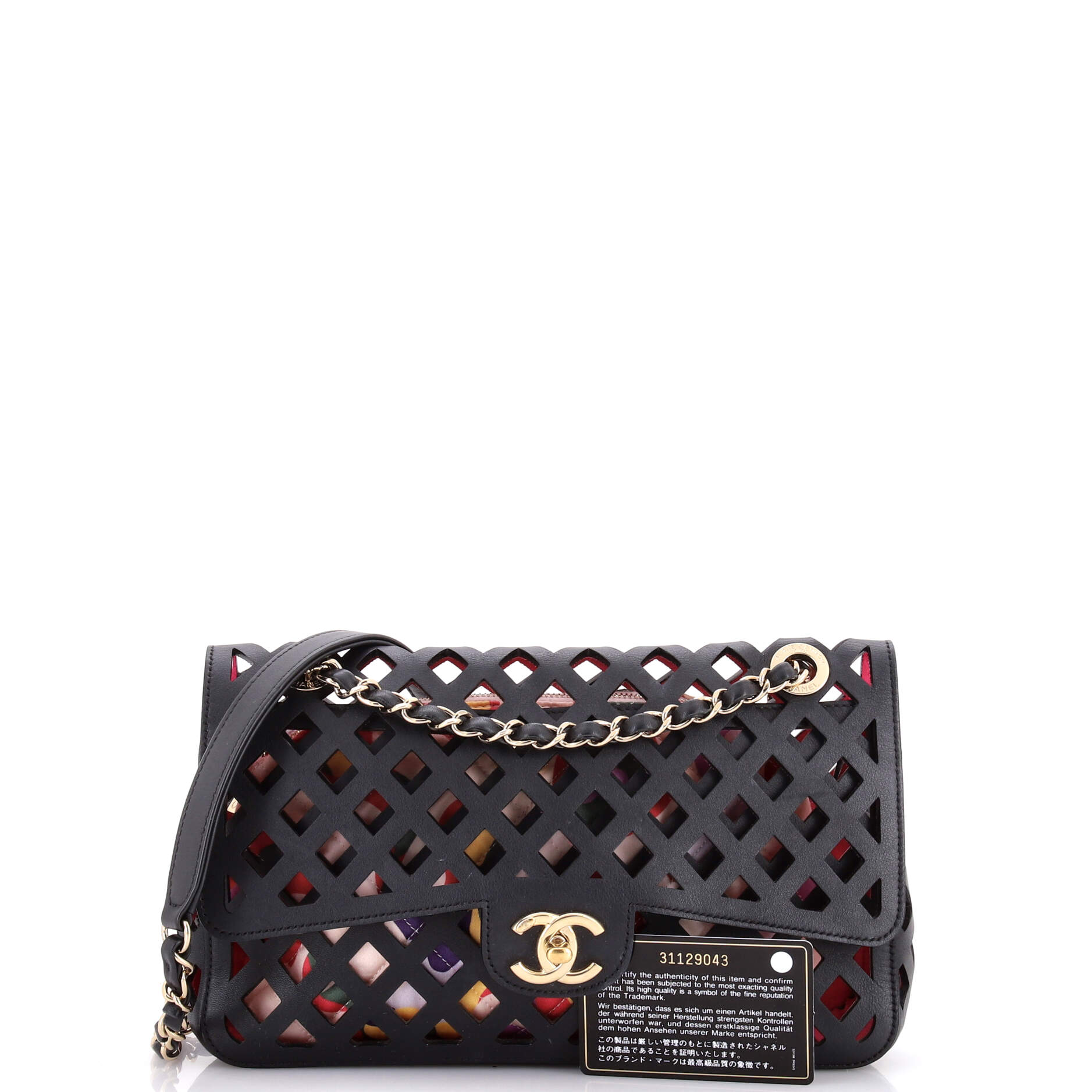 Sea Through Flap Bag Perforated Calfskin with Quilted Printed Fabric Medium