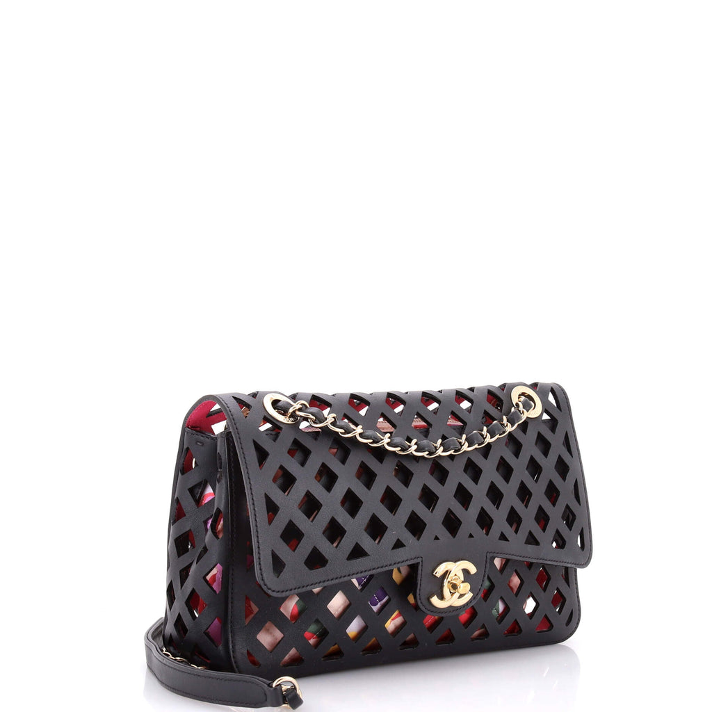 Sea Through Flap Bag Perforated Calfskin with Quilted Printed Fabric Medium