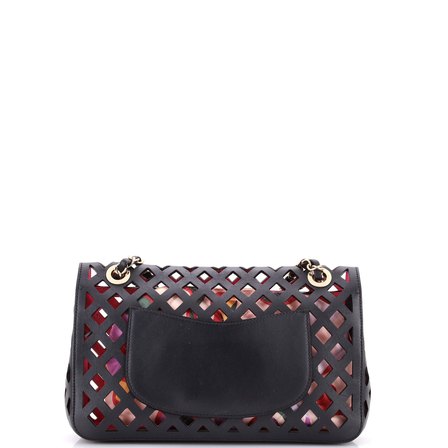 Sea Through Flap Bag Perforated Calfskin with Quilted Printed Fabric Medium