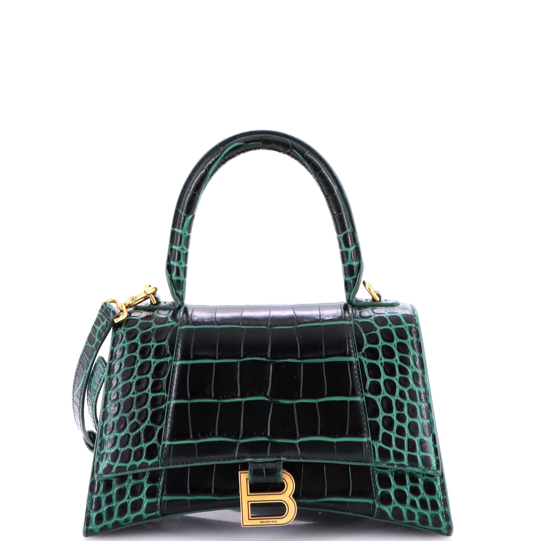 Hourglass Top Handle Bag Crocodile Embossed Leather Small