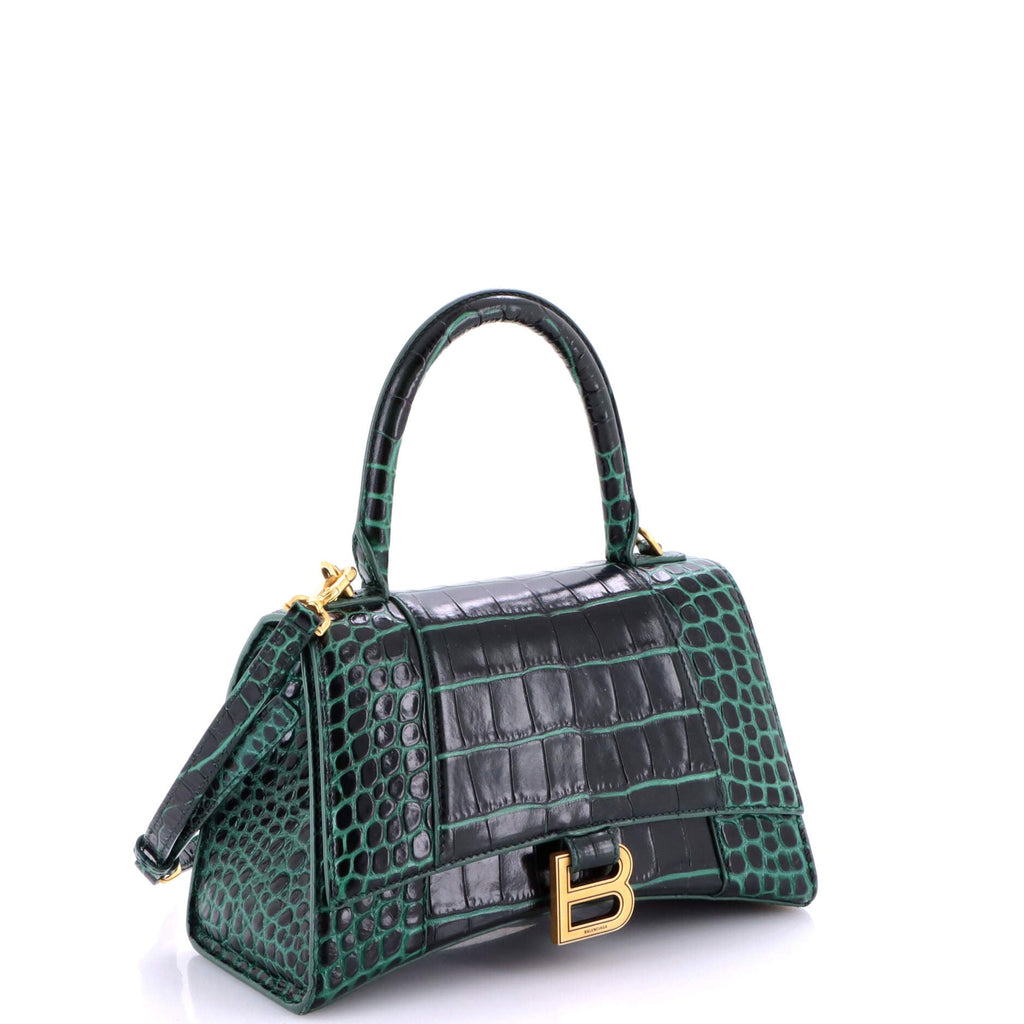 Hourglass Top Handle Bag Crocodile Embossed Leather Small