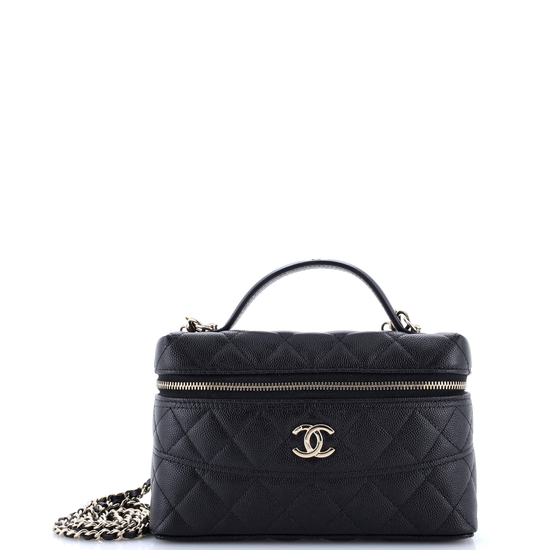 Trendy Handle Slim Vanity Case with Chain Quilted Caviar