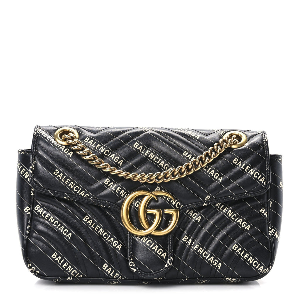 X BALENCIAGA Calfskin Matelasse Logo Print Small GG Marmont Shoulder Bag Black