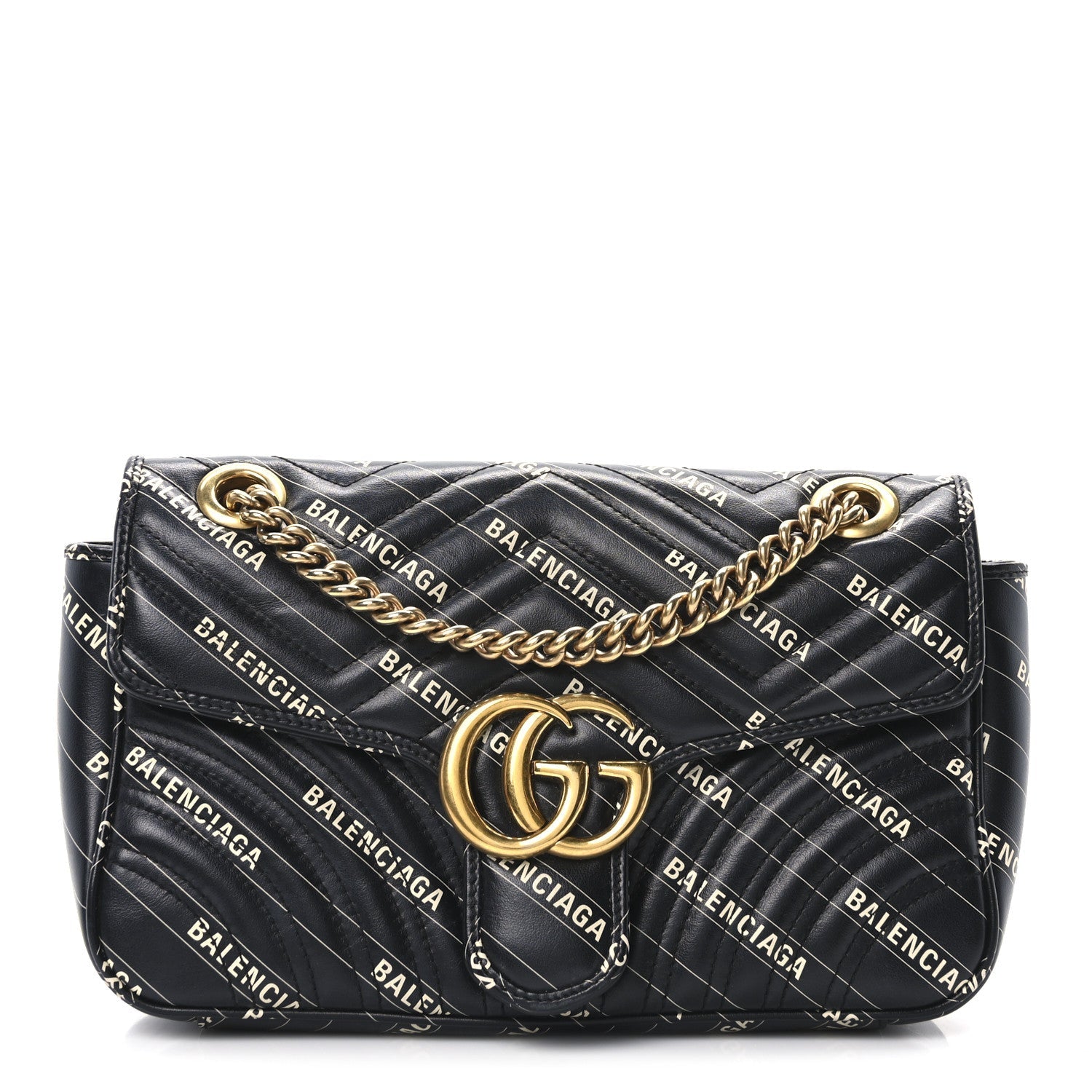 X BALENCIAGA Calfskin Matelasse Logo Print Small GG Marmont Shoulder Bag Black