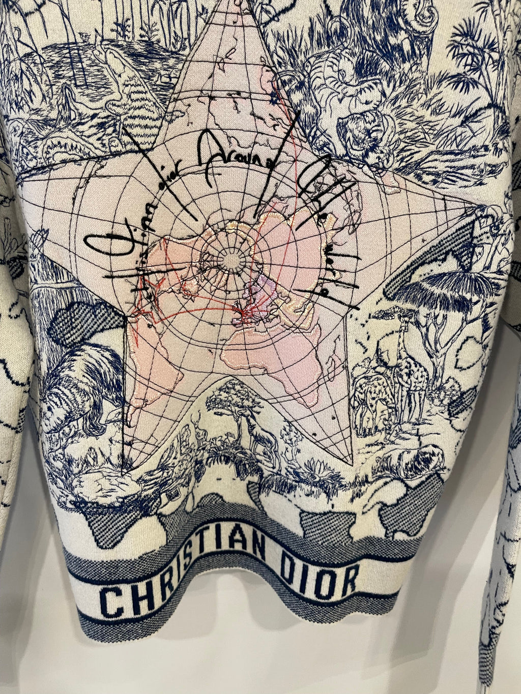 Christian Dior Blue and White Around the World Cashmere Jumper with Embroidery and Logo Band Size FR 36 (UK 8)