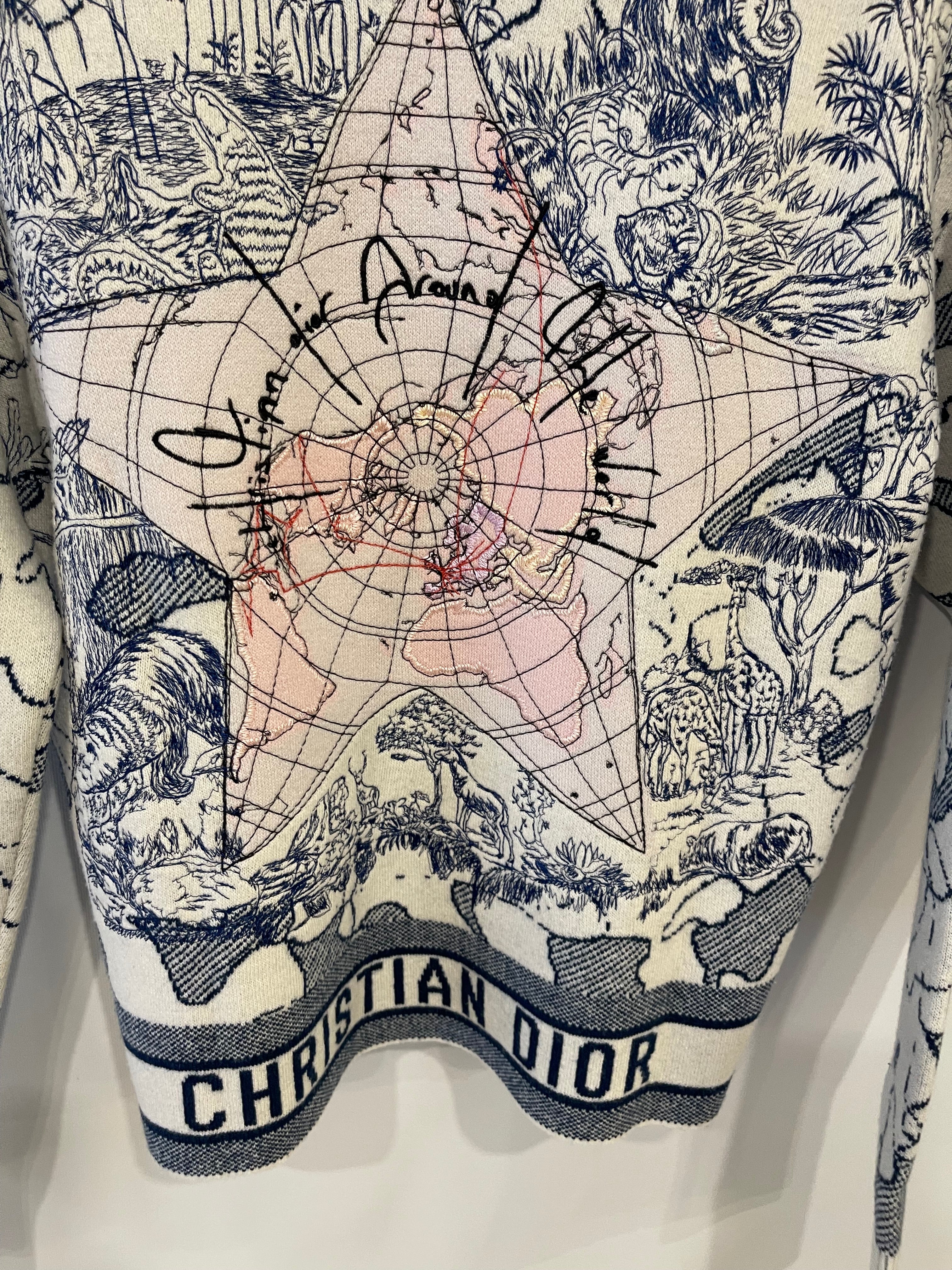 Christian Dior Blue and White Around the World Cashmere Jumper with Embroidery and Logo Band Size FR 36 (UK 8)