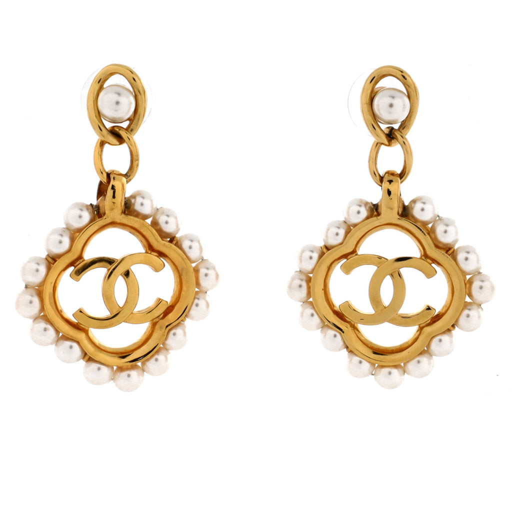 CC Quatrefoil Drop Earrings Metal and Faux Pearls