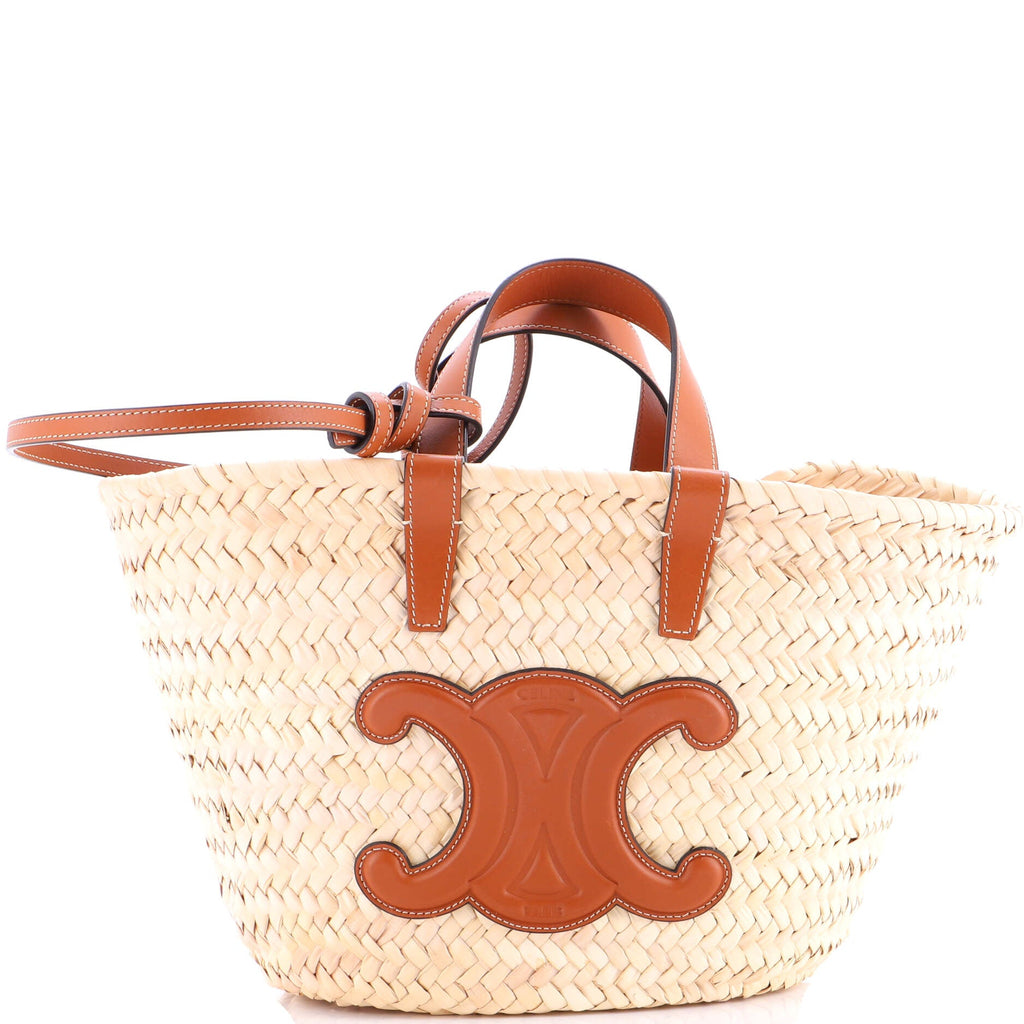 Triomphe Basket Shoulder Bag Raffia with Leather Teen