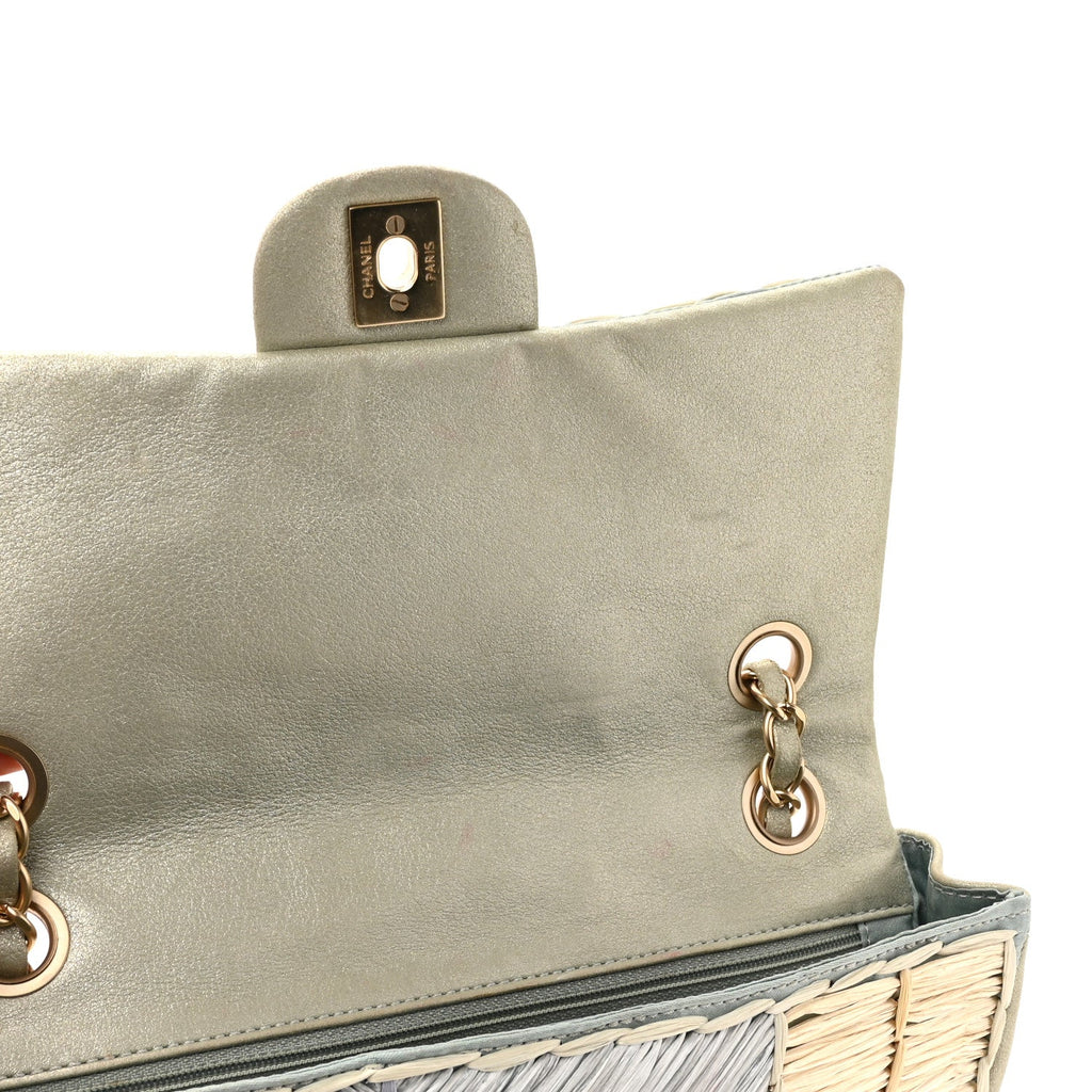 Metallic Woven Raffia Patchwork Single Flap Green