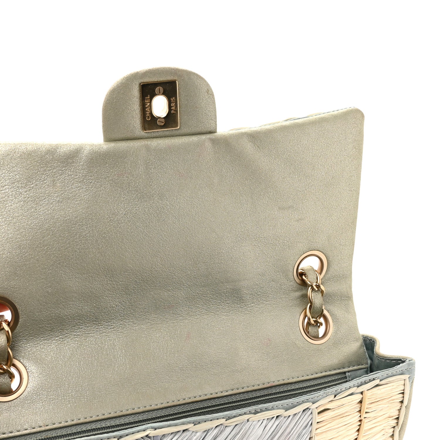 Metallic Woven Raffia Patchwork Single Flap Green