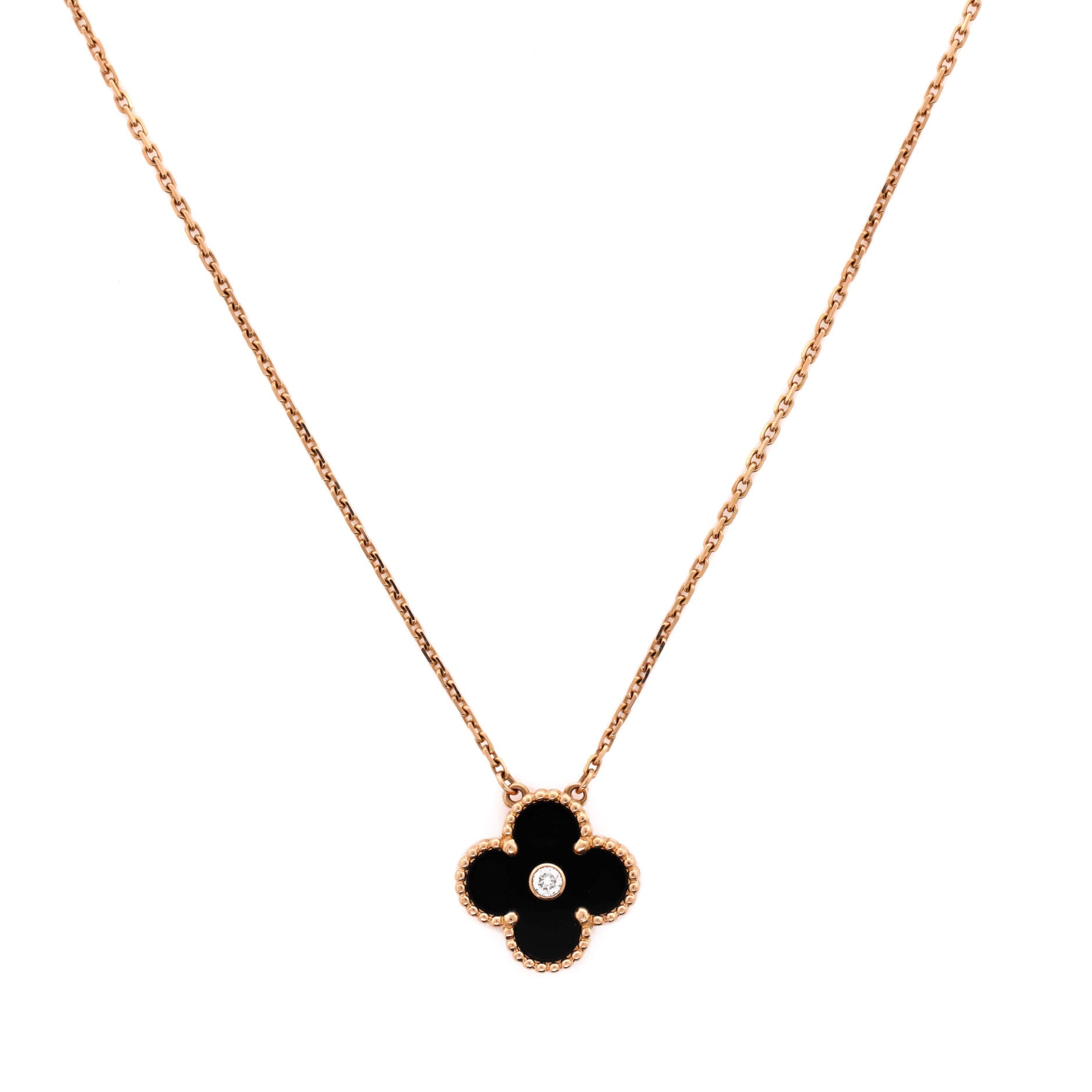 Vintage Alhambra Pendant Necklace 18K Rose Gold and Onyx with Diamond