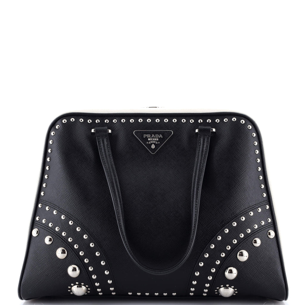 Pyramid Top Handle Bag Studded Saffiano Leather Medium