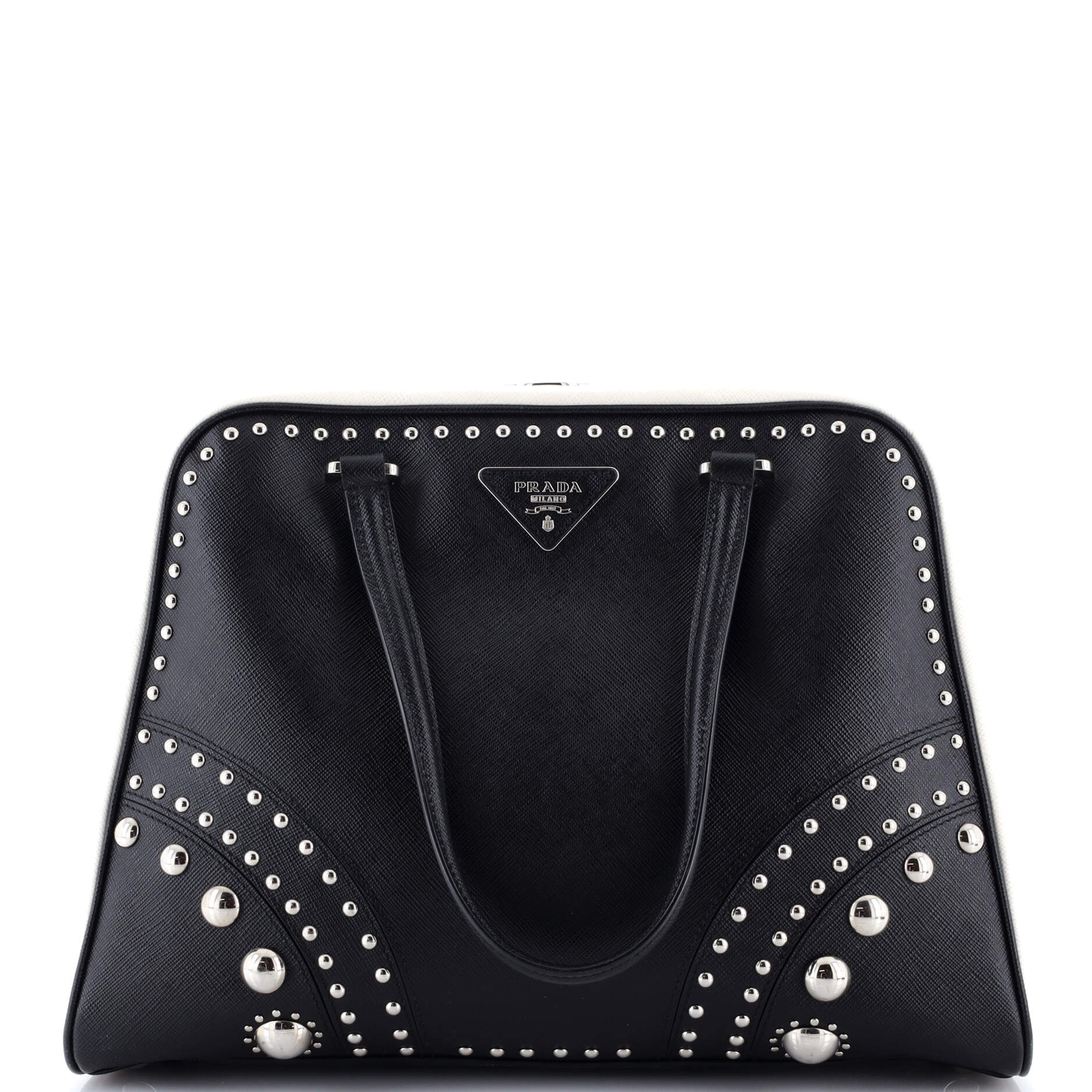 Pyramid Top Handle Bag Studded Saffiano Leather Medium