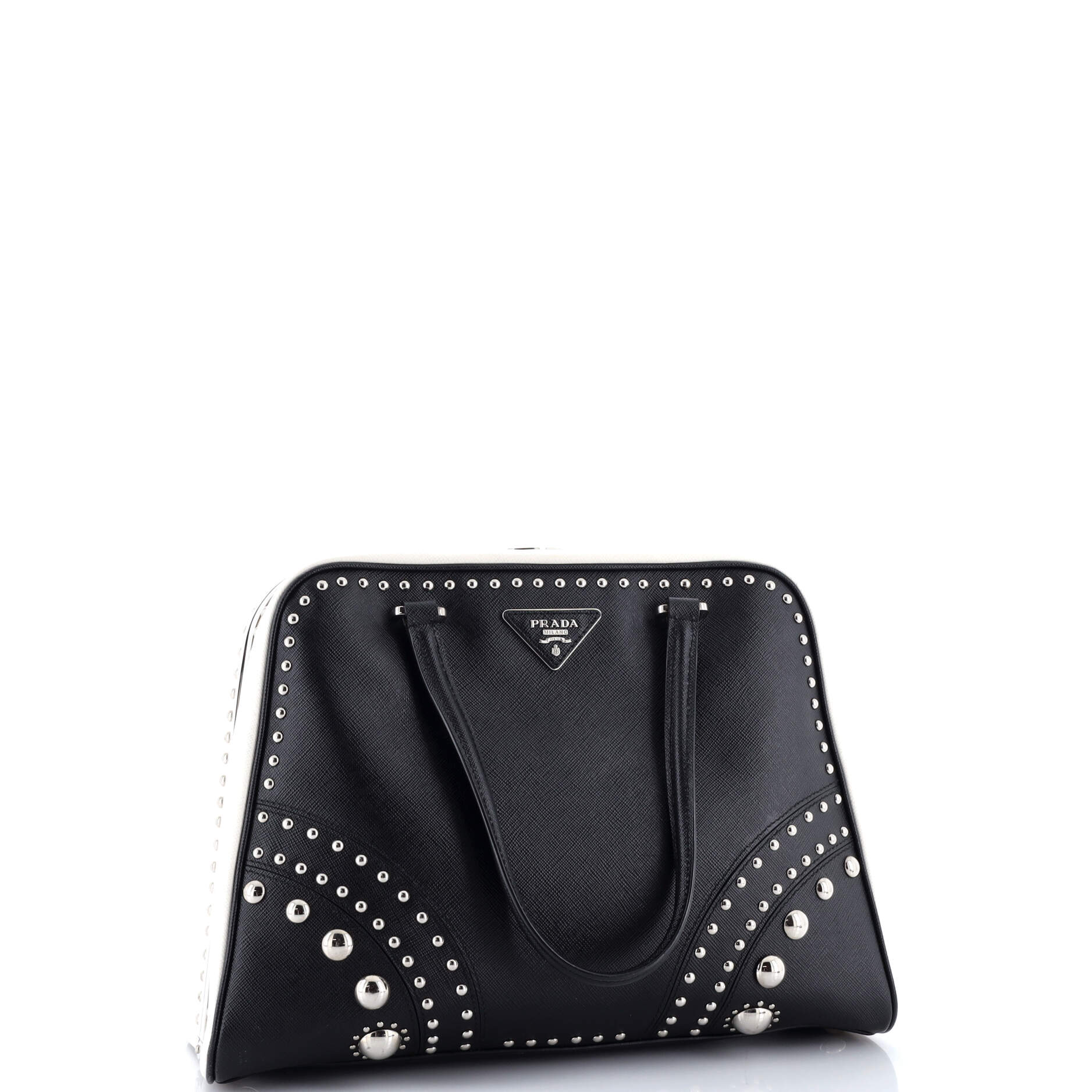 Pyramid Top Handle Bag Studded Saffiano Leather Medium
