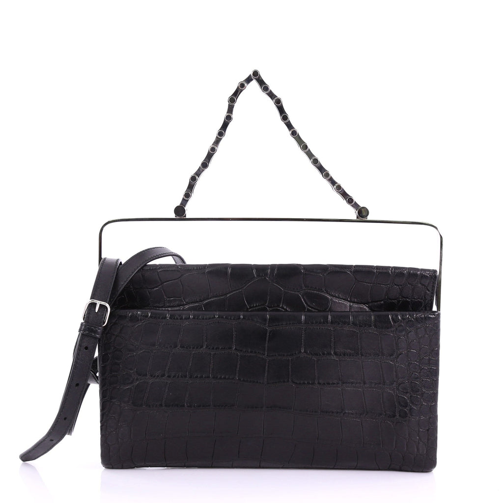 Flap Clutch with Top Handle Embossed Crocodile and Leather Medium
