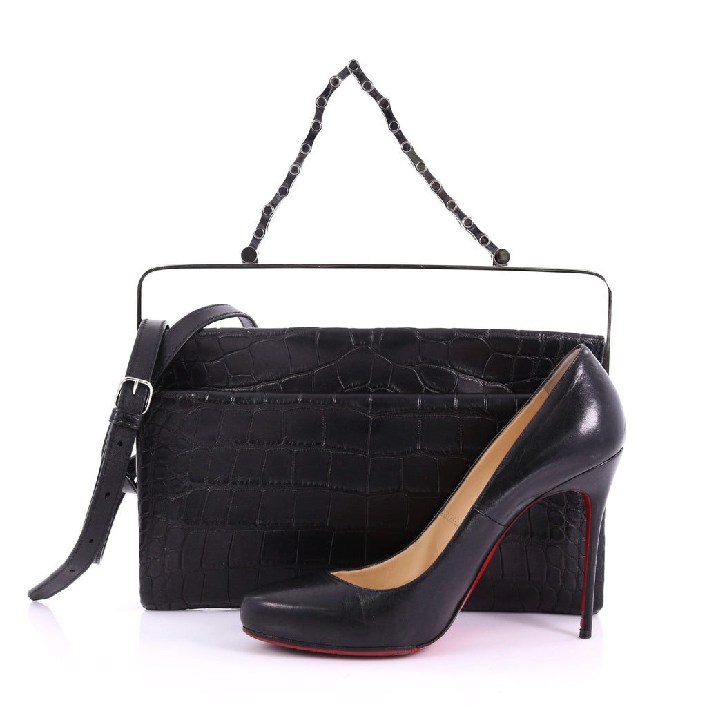 Flap Clutch with Top Handle Embossed Crocodile and Leather Medium