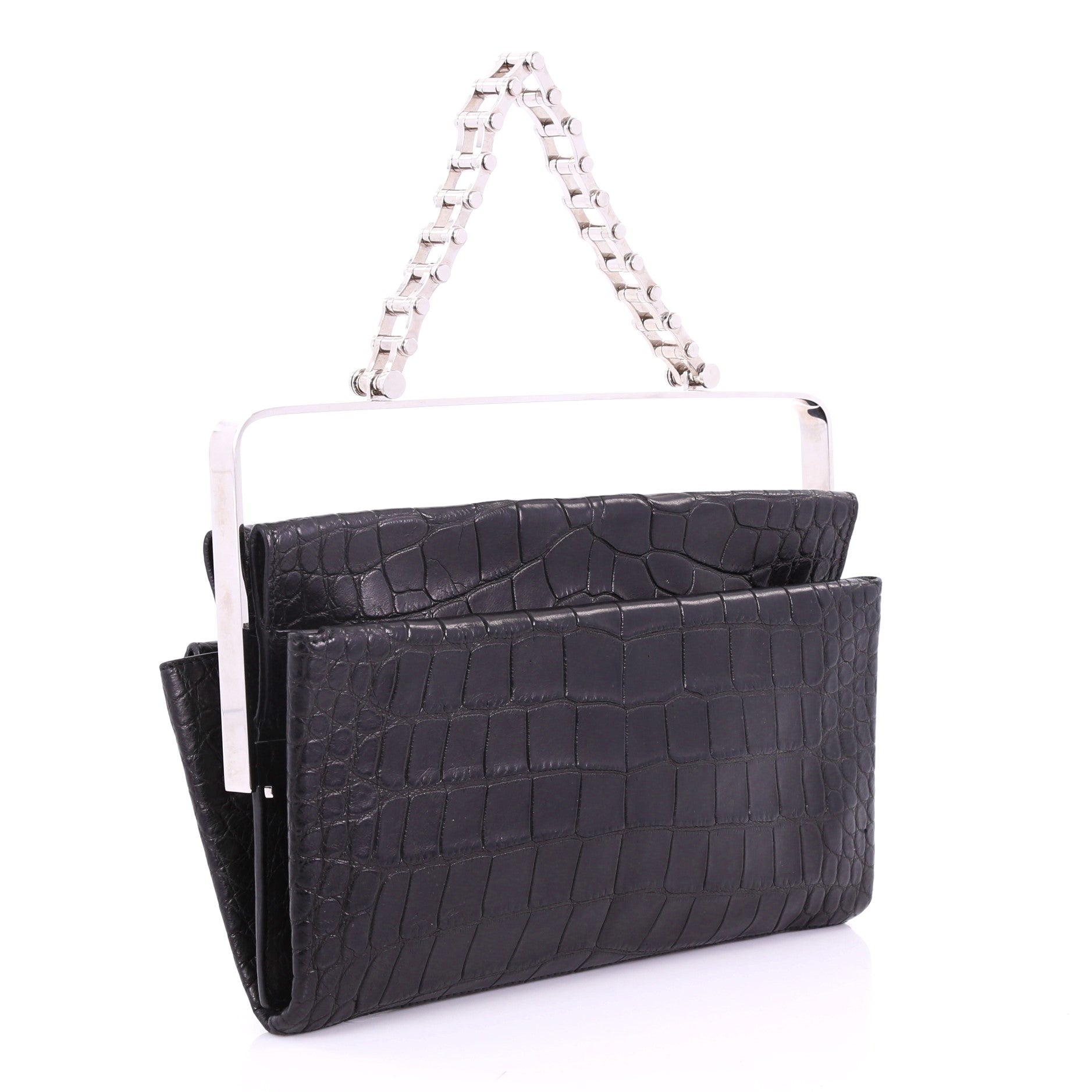 Flap Clutch with Top Handle Embossed Crocodile and Leather Medium