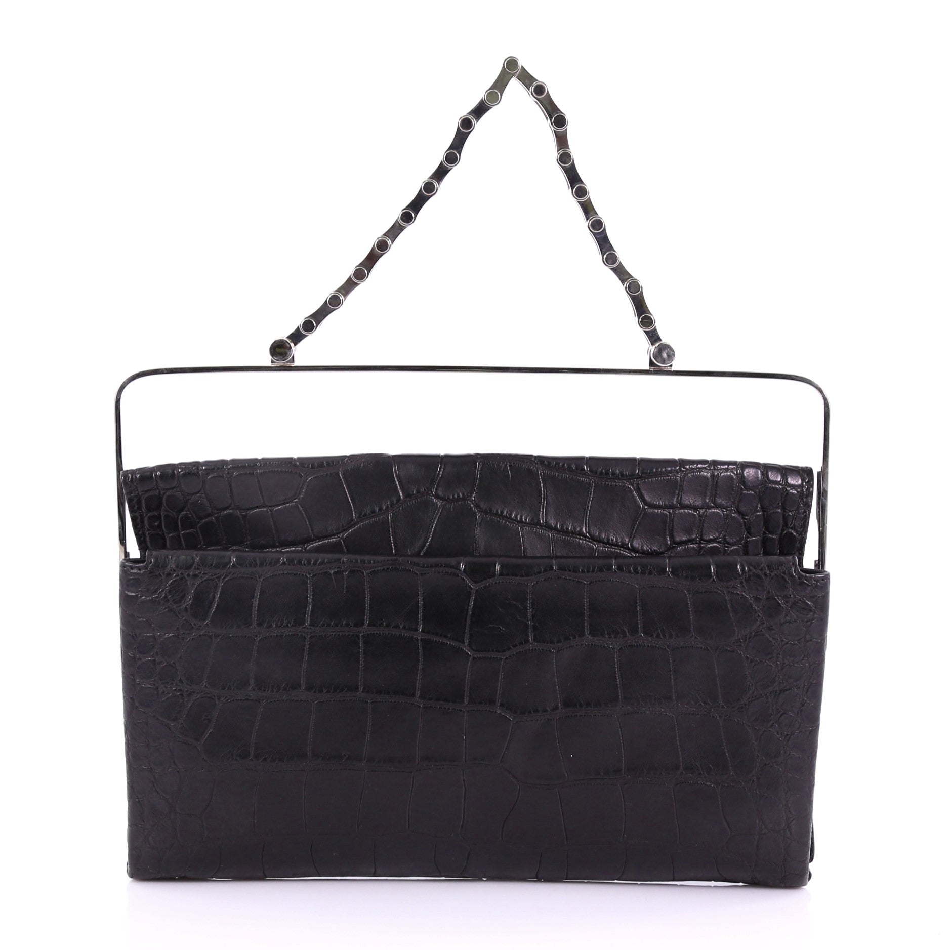 Flap Clutch with Top Handle Embossed Crocodile and Leather Medium