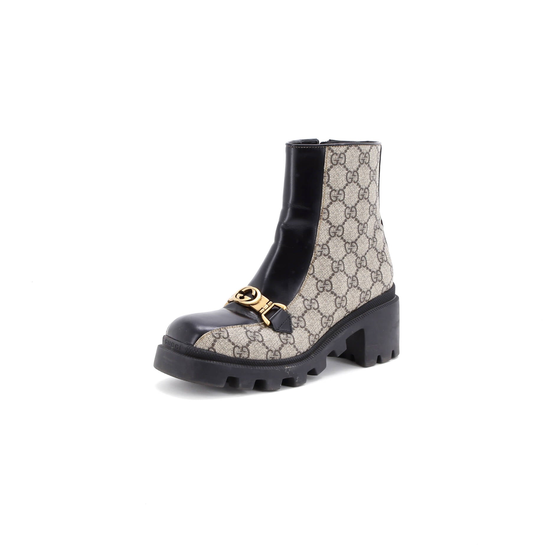 Women's Interlocking G Lug Sole Ankle Boots GG Coated Canvas with Leather