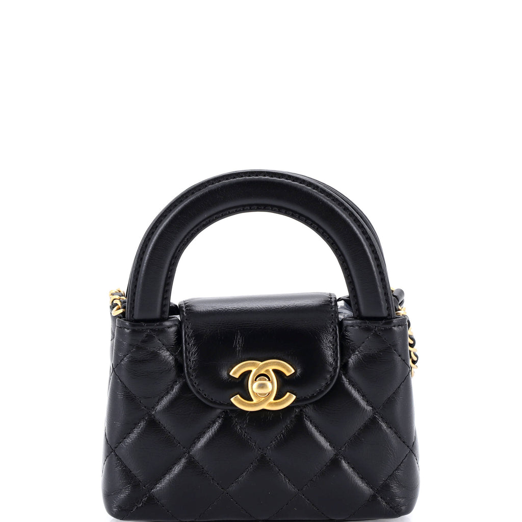 Kelly Top Handle Shopping Bag Quilted Shiny Aged Calfskin Nano