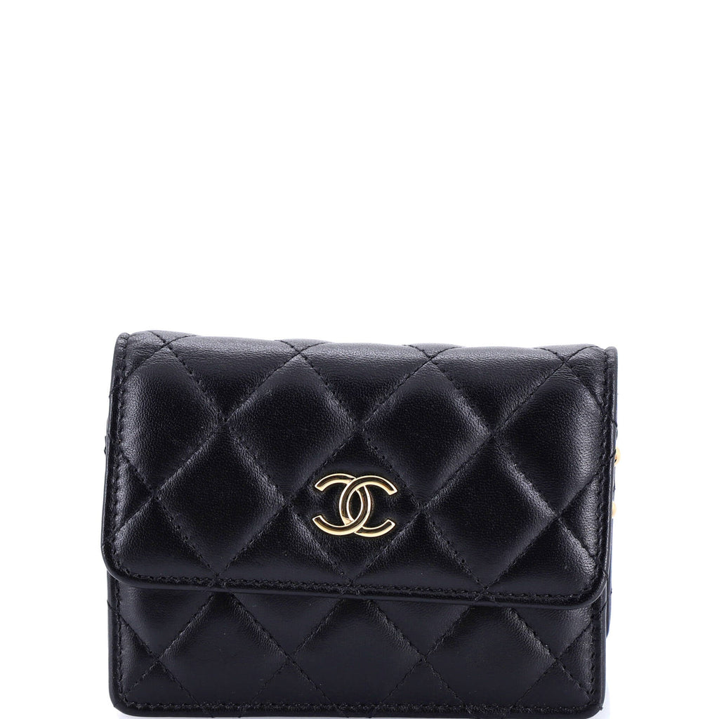 Camellia Bow Flap Card Holder with Chain Quilted Lambskin