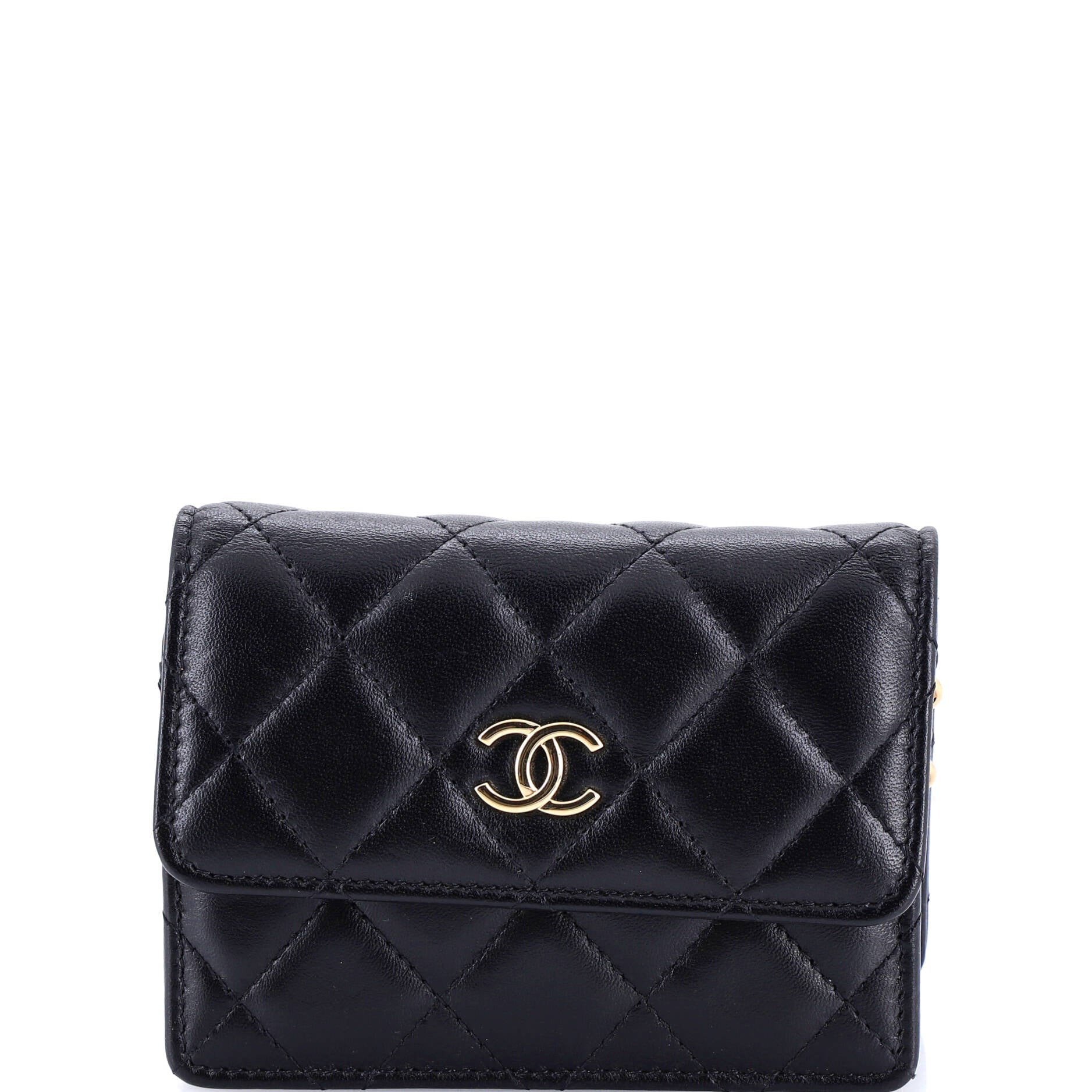 Camellia Bow Flap Card Holder with Chain Quilted Lambskin