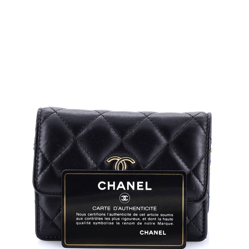 Camellia Bow Flap Card Holder with Chain Quilted Lambskin