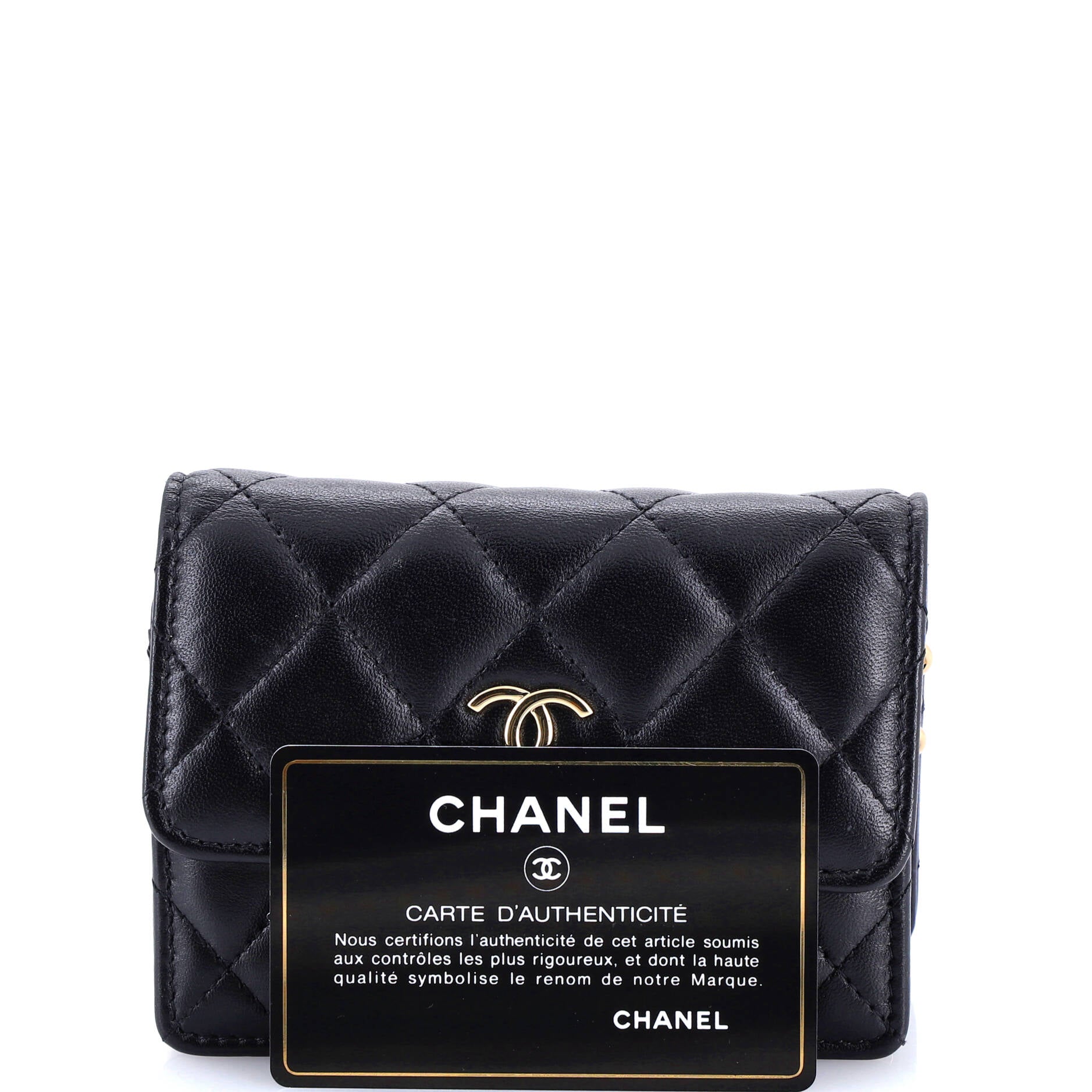 Camellia Bow Flap Card Holder with Chain Quilted Lambskin