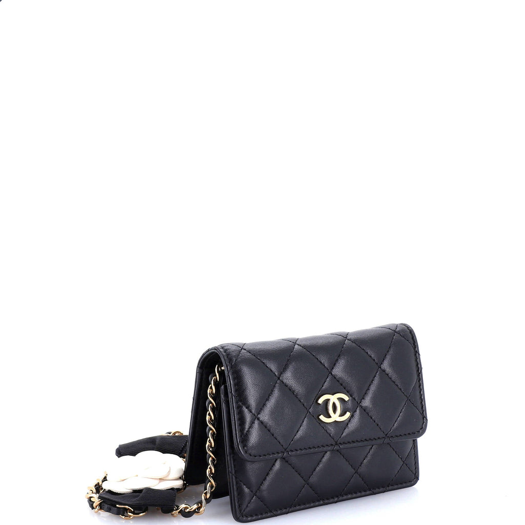 Camellia Bow Flap Card Holder with Chain Quilted Lambskin
