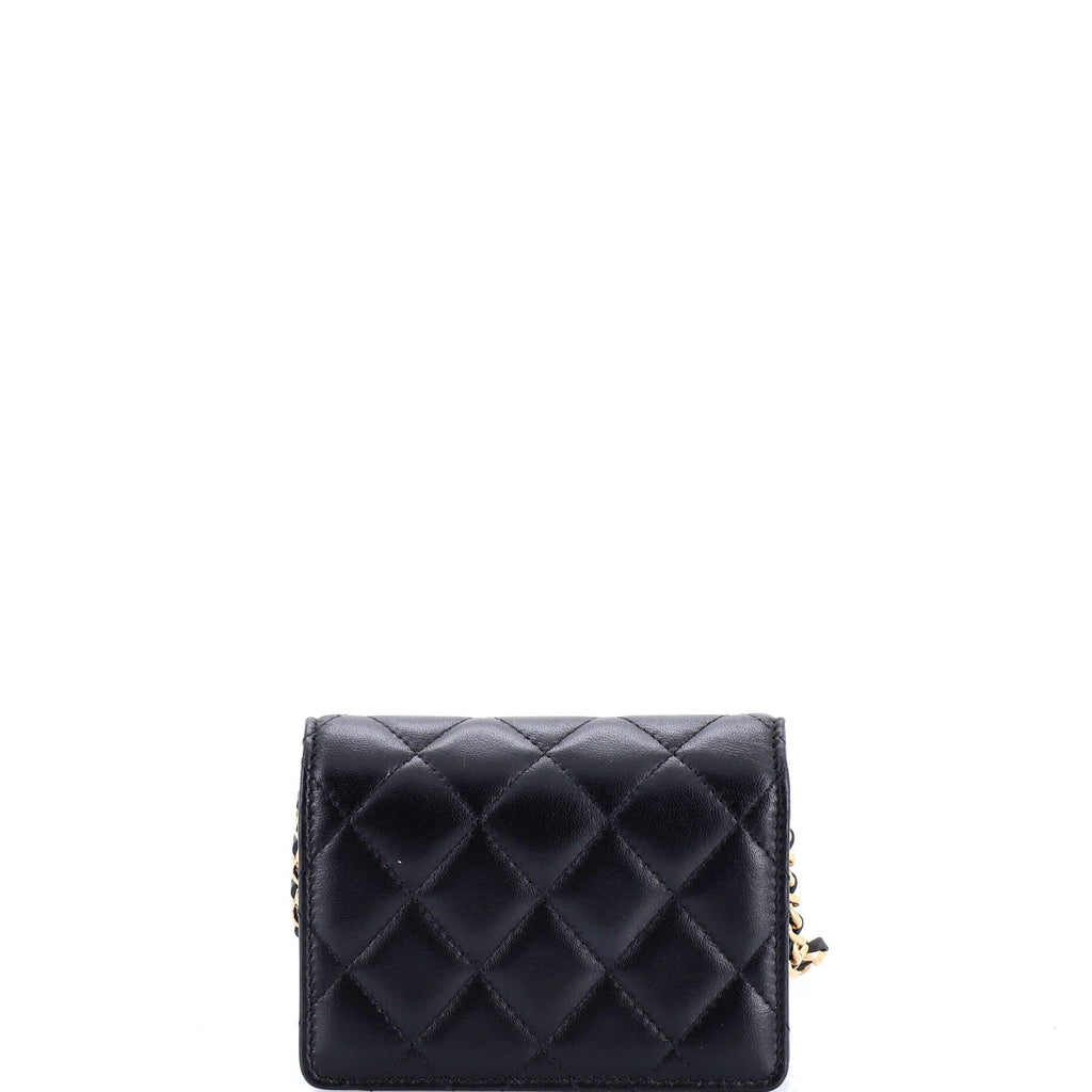 Camellia Bow Flap Card Holder with Chain Quilted Lambskin