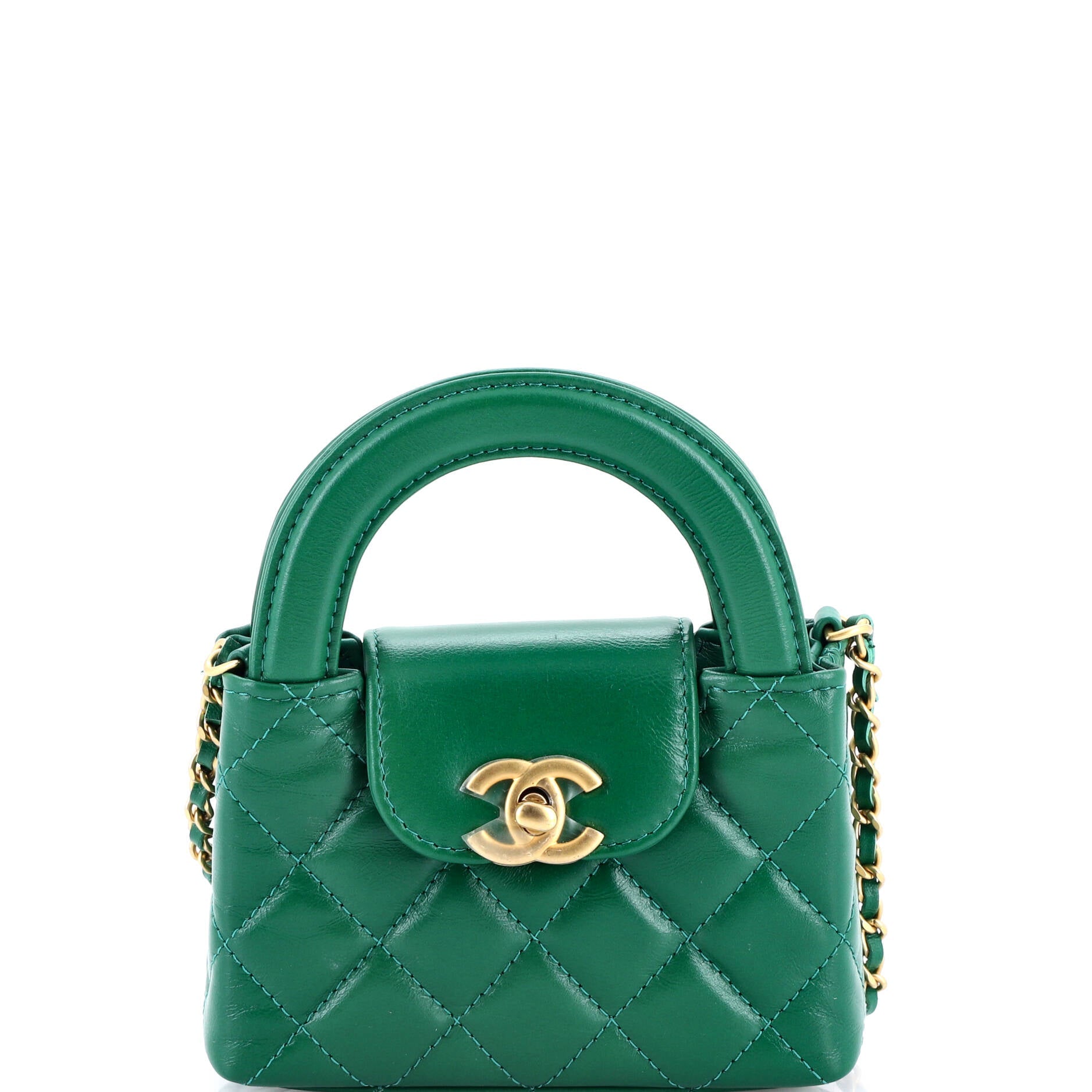 Kelly Top Handle Shopping Bag Quilted Shiny Aged Calfskin Nano